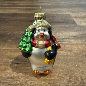 Vintage Glass & Gold Glitter Christmas Tree Ornament - Penguin Scarf Bell READ